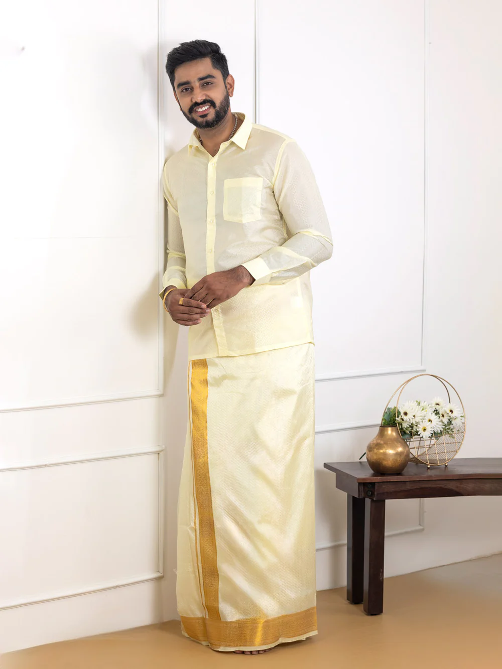 Men Art Silk Jacquard Shirt Dhoti & Towel Set Butter Scotch Swayamvara Grand BSJD1